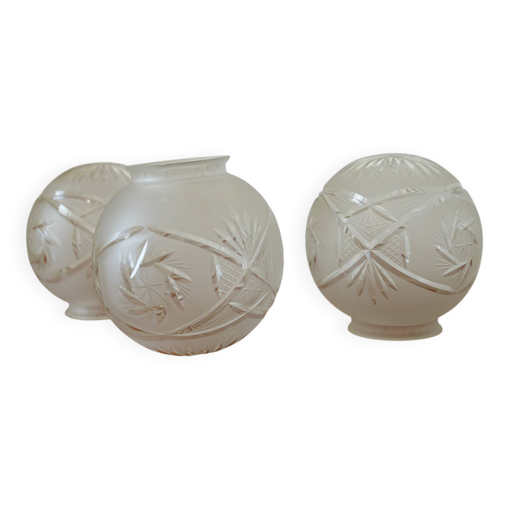 Ensemble de 3 abat-jour vintage en cristal taillé, globes soufflés à la main, années 1960