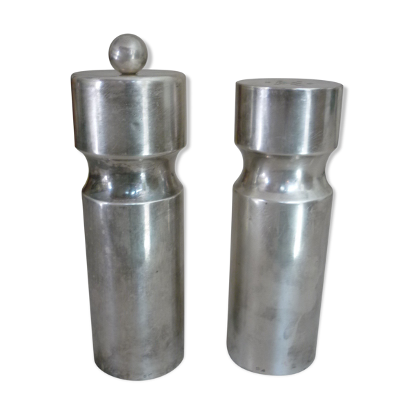 Salière et poivrière Ermetic de Stéphane Prud'homme en métal argenté