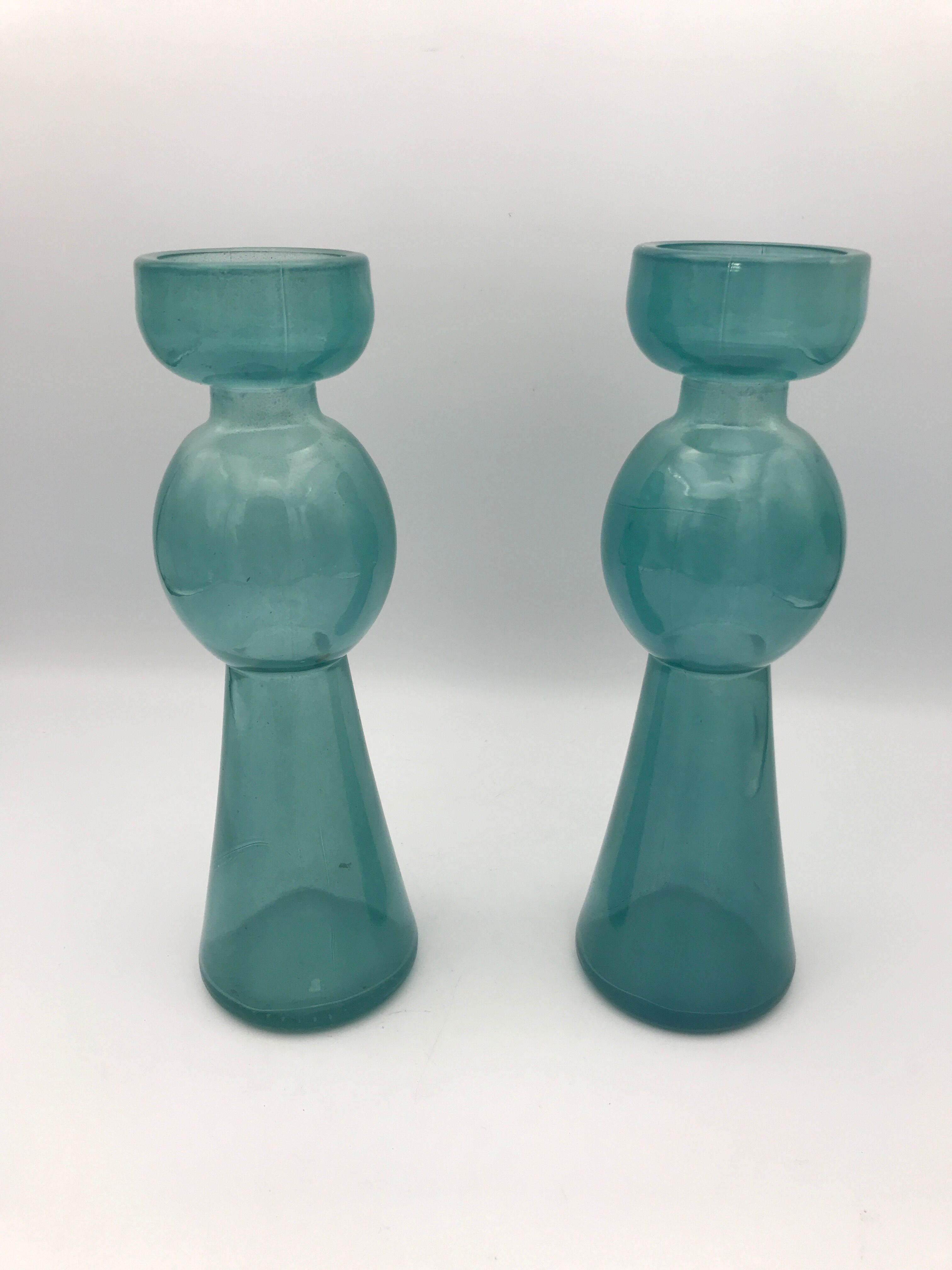 Pair of vintage candlesticks in molded glass turquoise blue 20 cm