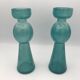 Pair of vintage candlesticks in molded glass turquoise blue 20 cm