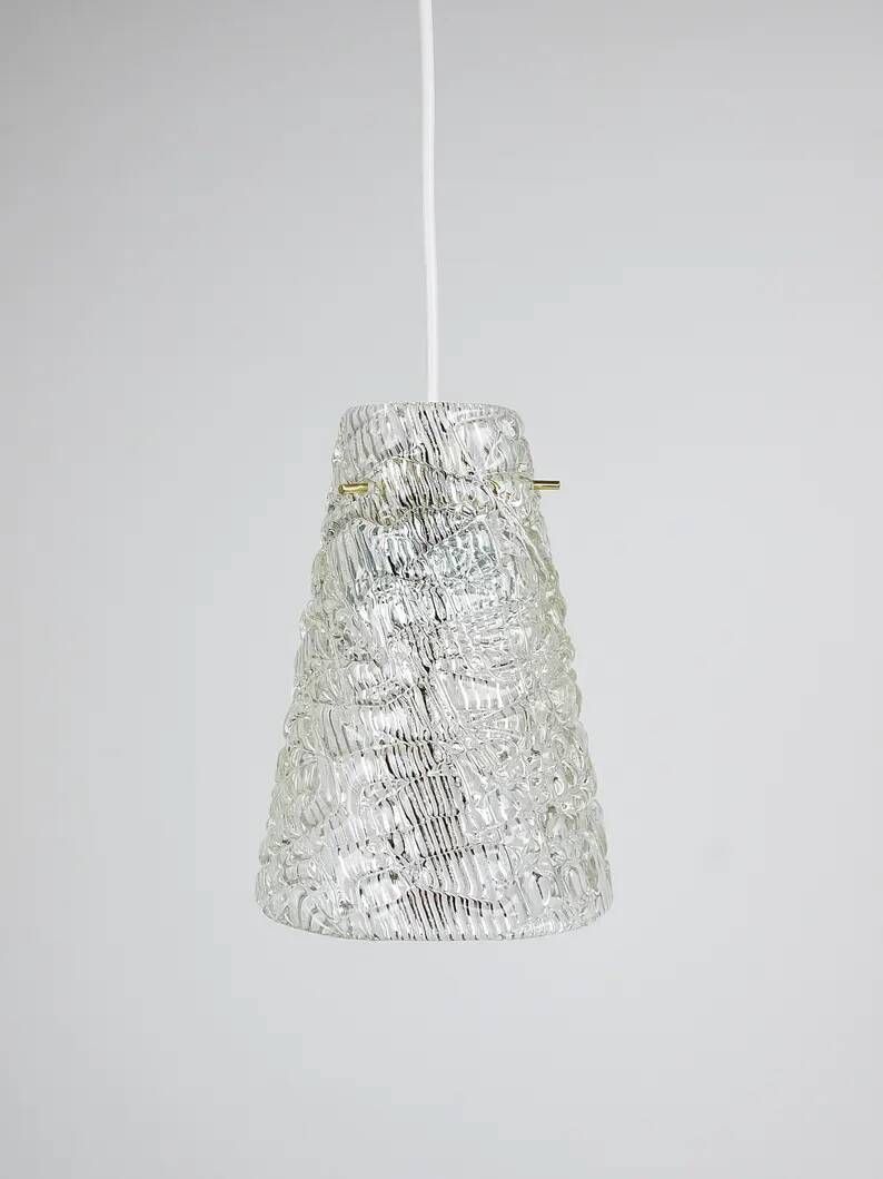 J.T. Kalmar Mid-Century Textured Glass & Brass Pendant Lamp, Austria, 1950s