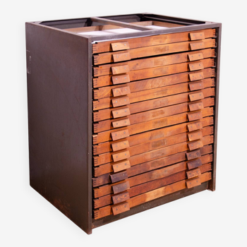 Industrial wooden and iron work chest of drawers, 1970s, Czechoslovakia