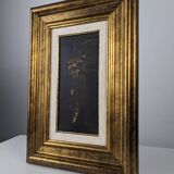 Oil on canvas of a tanager bird and water, sign Oil on canvas of a tanager bird and water, signeded