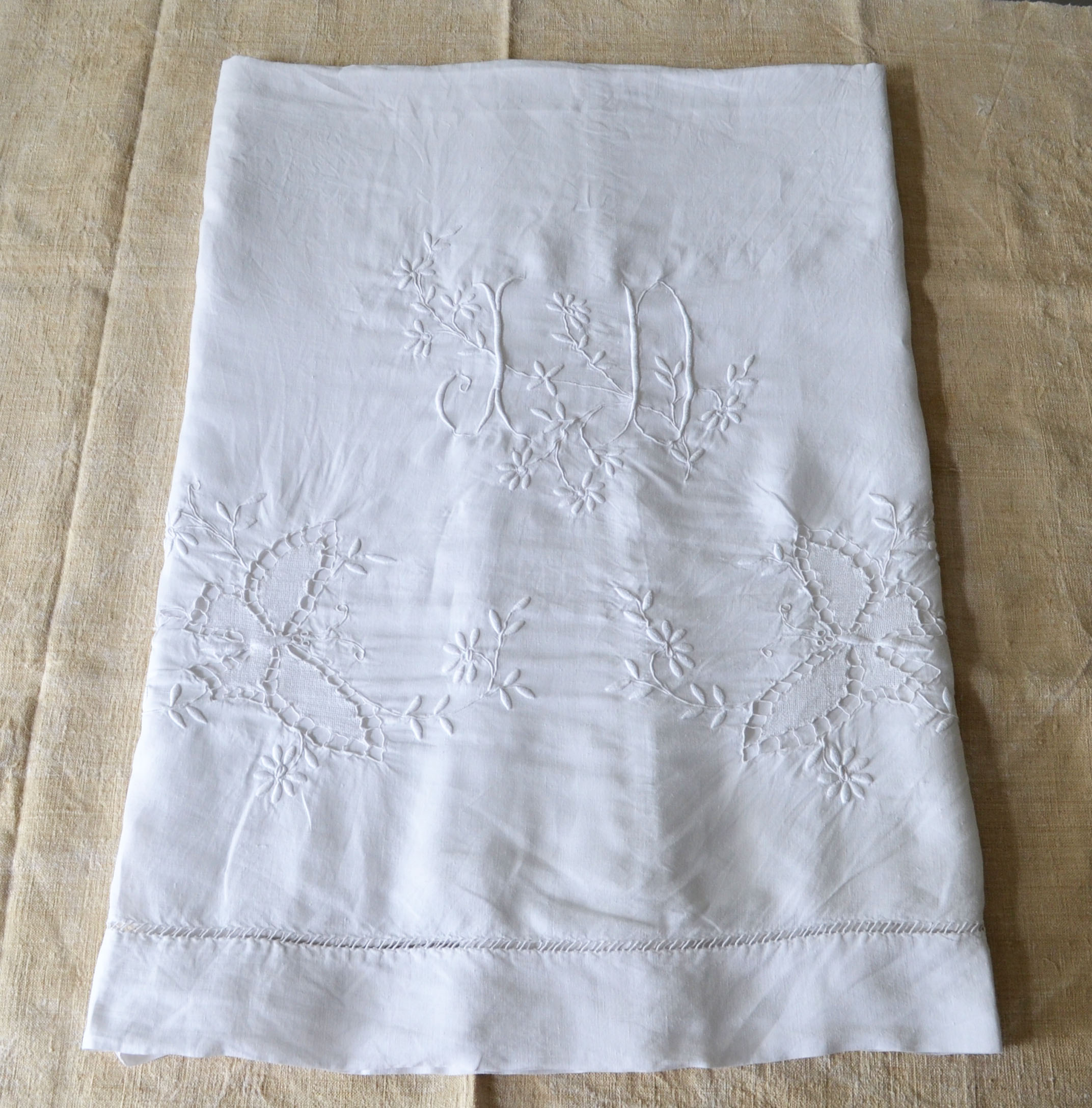 Antique linen sheet embroidery and monogram