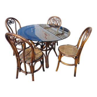 Table salle a manger en rotin et ses 4 chaises assorties