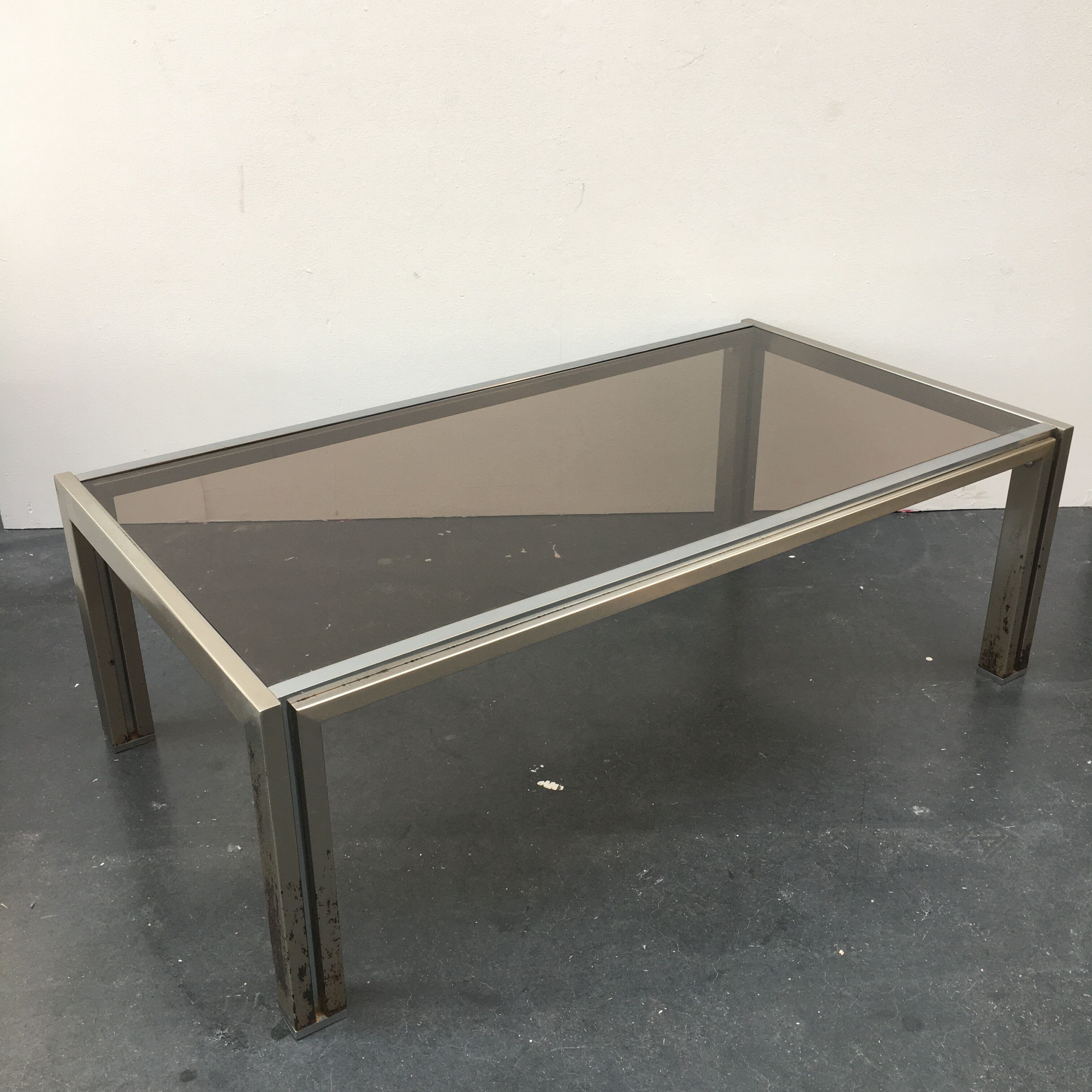 70s coffee table in chrome and smoked glass