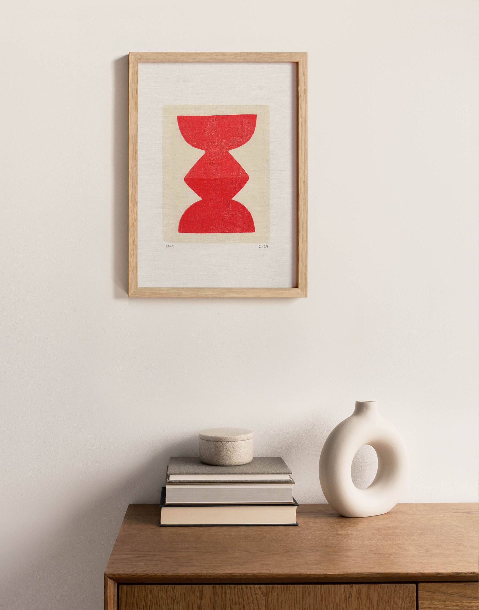 Abstract painting on red totem paper signed Eawy.