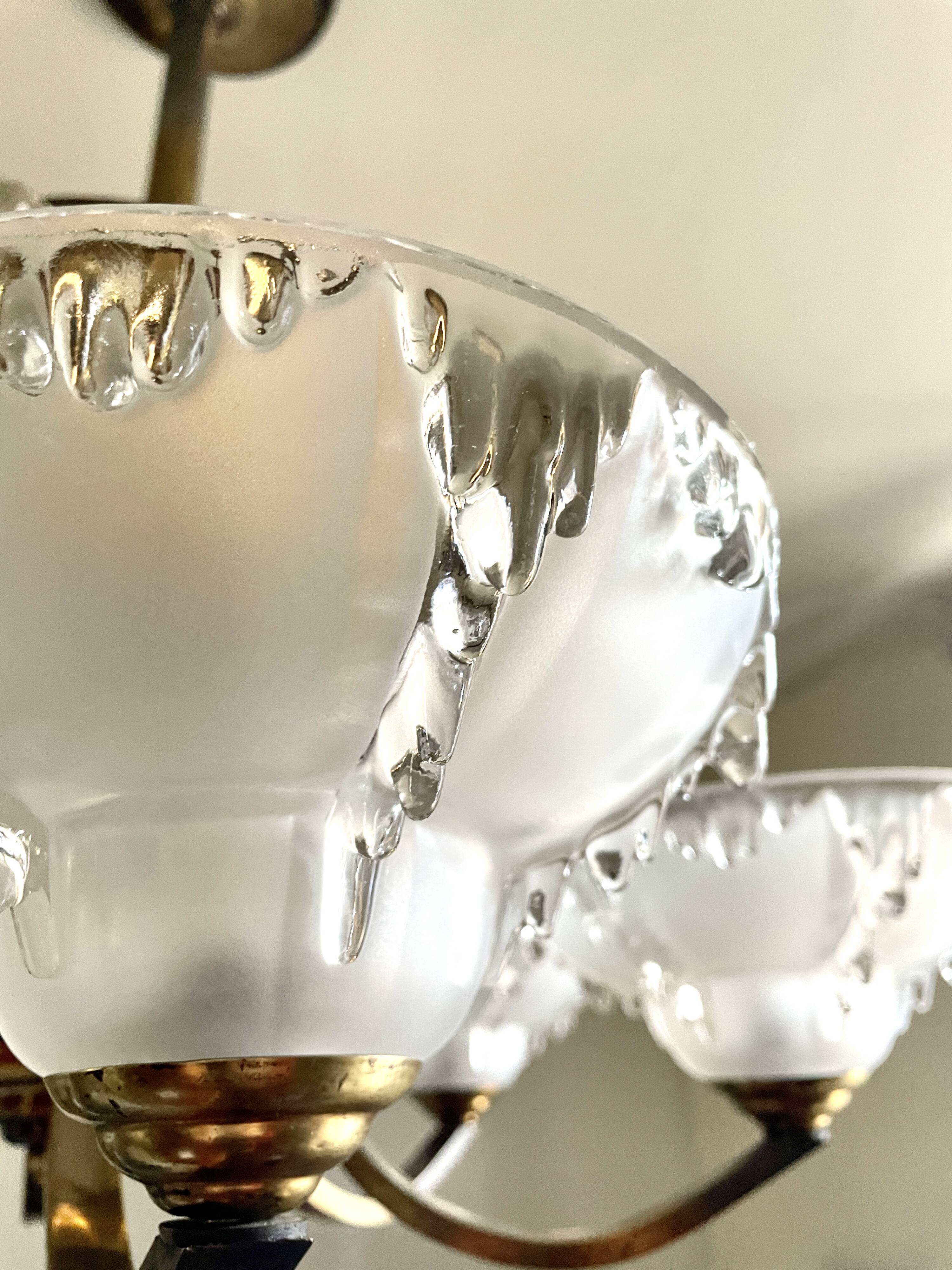 Lustre Art déco en laiton et coupelle verre glacier Selency