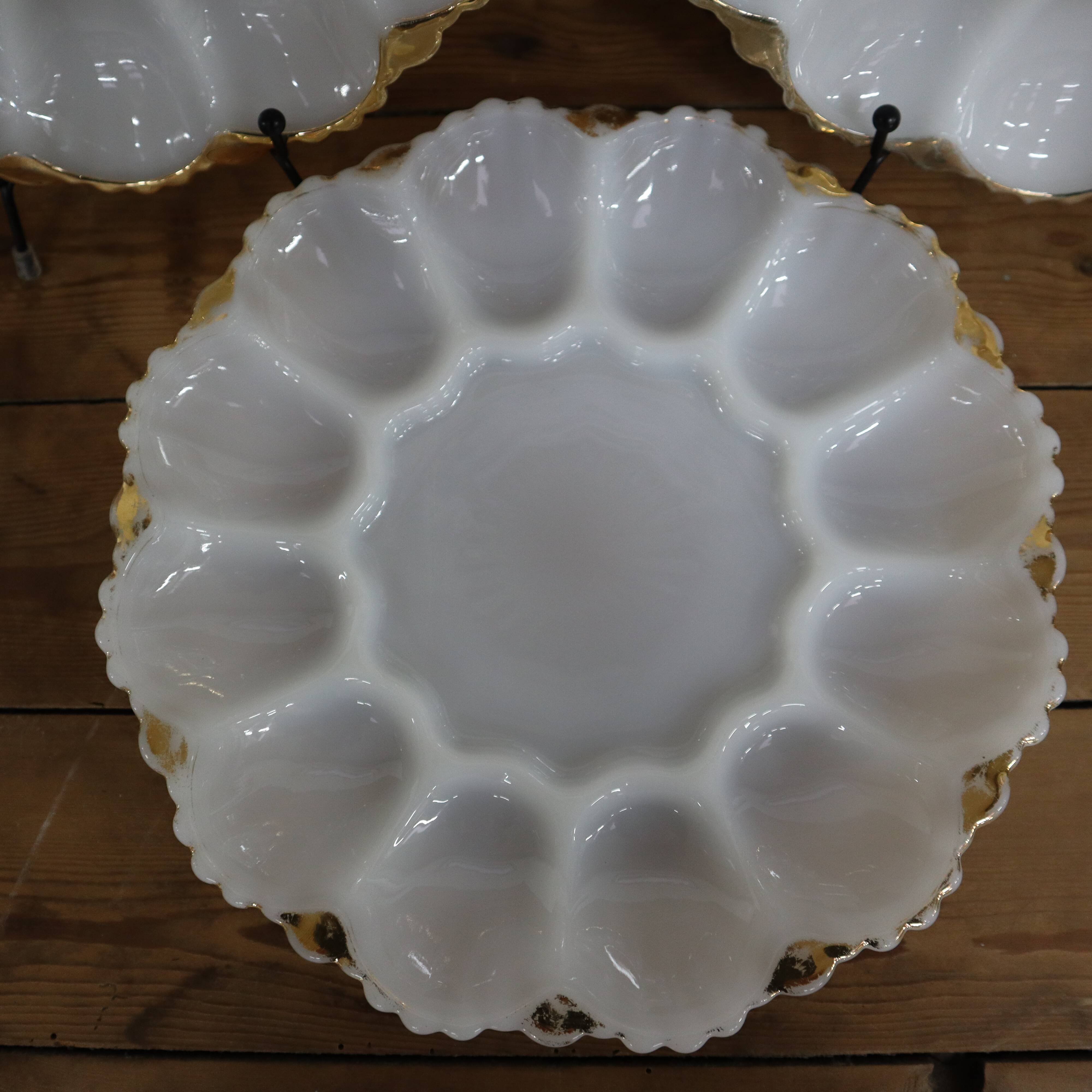 3 vintage plates for deviled eggs / oysters in white glass and gold