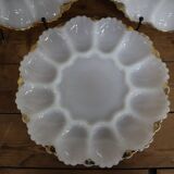 3 vintage plates for deviled eggs / oysters in white glass and gold