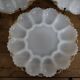 3 vintage plates for deviled eggs / oysters in white glass and gold