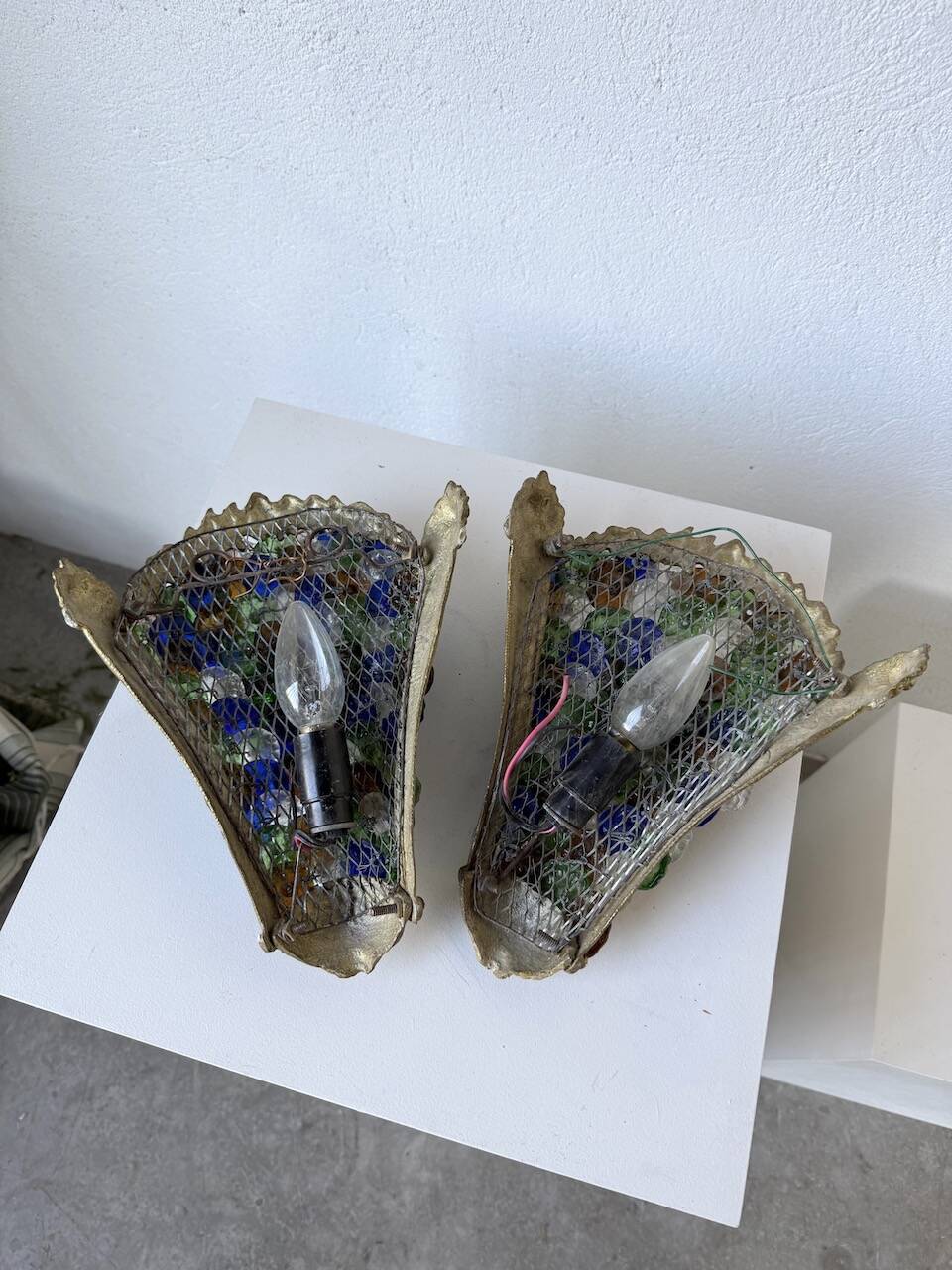 Pair of Art Nouveau bronze and Murano glass wall lights