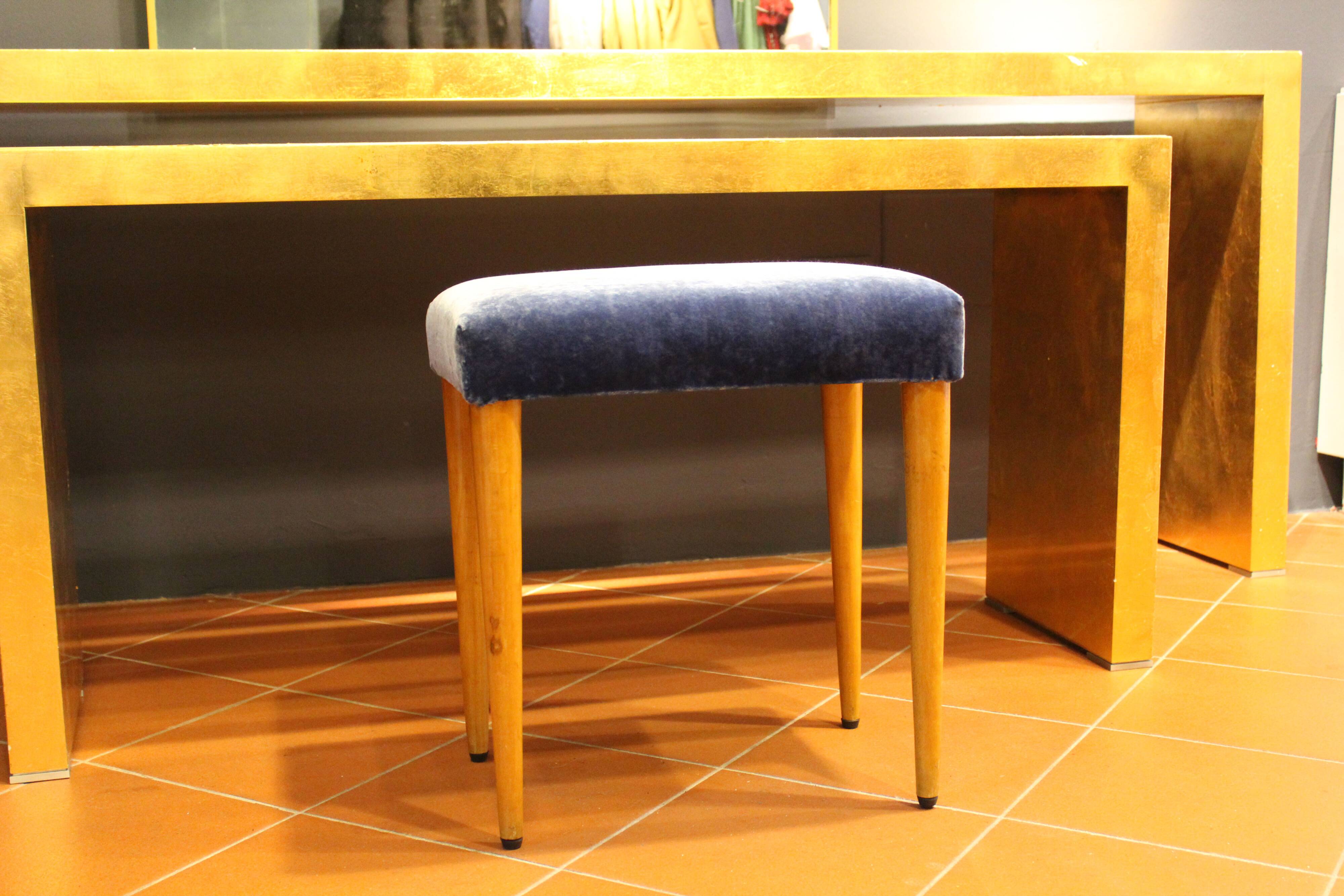 Panca vintage in wood and velluto blue Italia 1950s