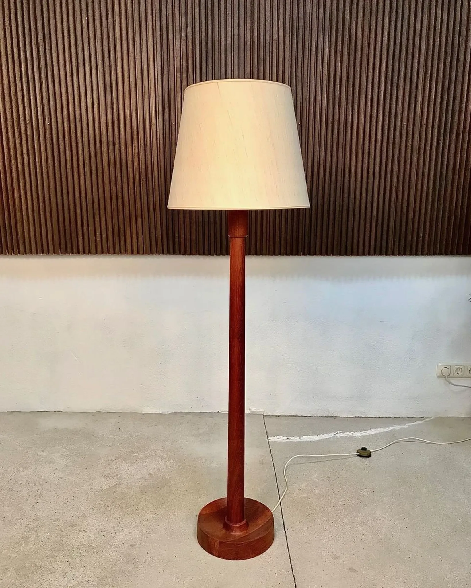 Teak Floor Lamp with Lampshade in Wild Silk, Denmark 1960s