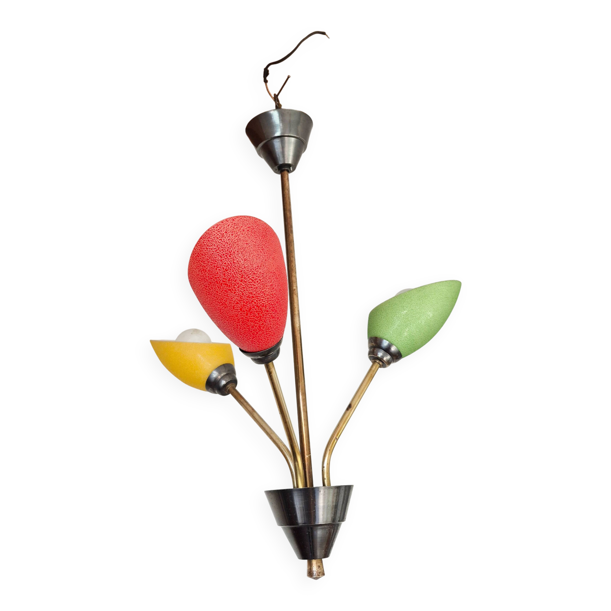 Pendant light, in brass and tricolor opaline glass