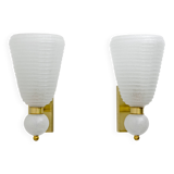 Pair of Mid-century Modern Brass and "Pulegoso" Murano Glass Sconces
