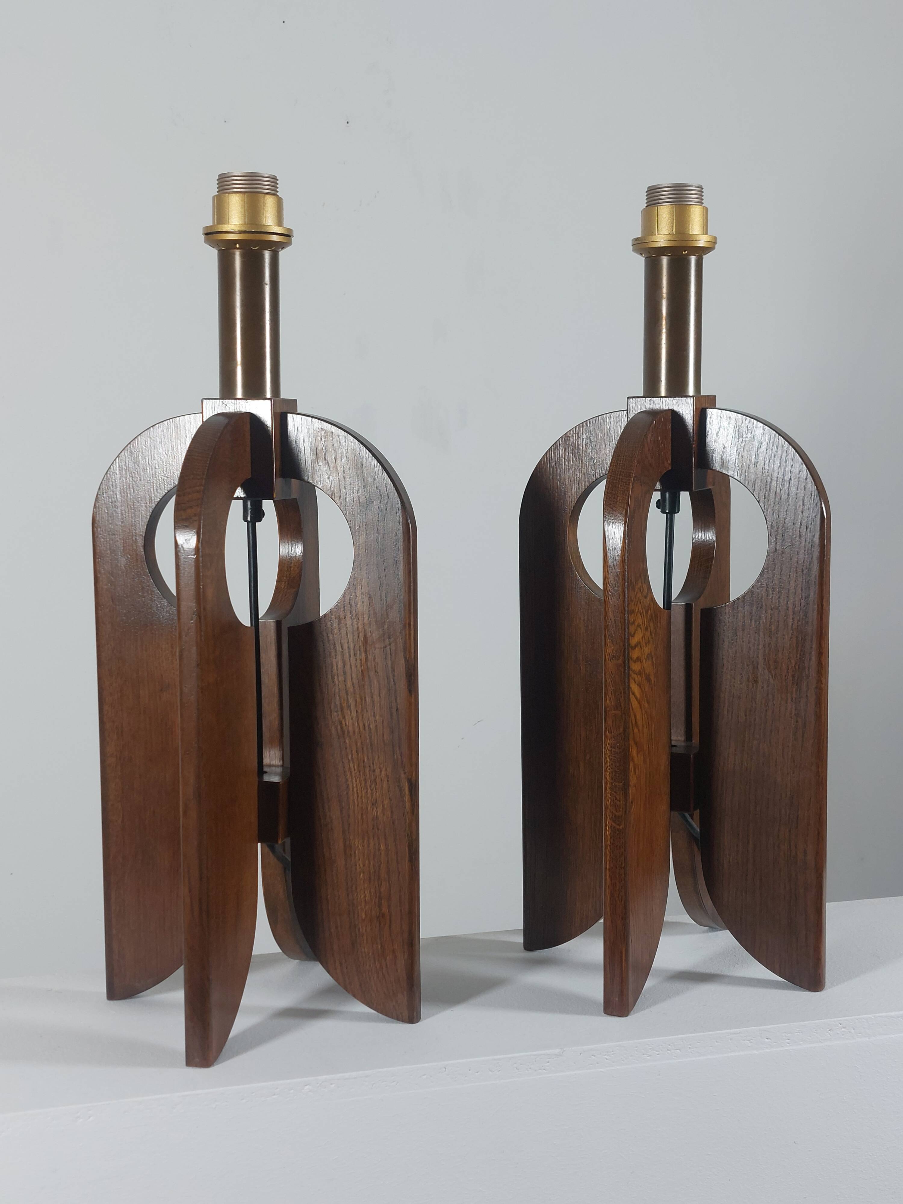 Very rare vintage pair of wooden table lamps by Temde