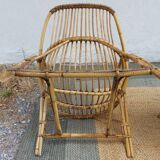 4 armchairs and a coffee table made of rattan and bamboo wood, vintage.