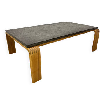 Table basse brutaliste, pierre d’ardoise style chalet