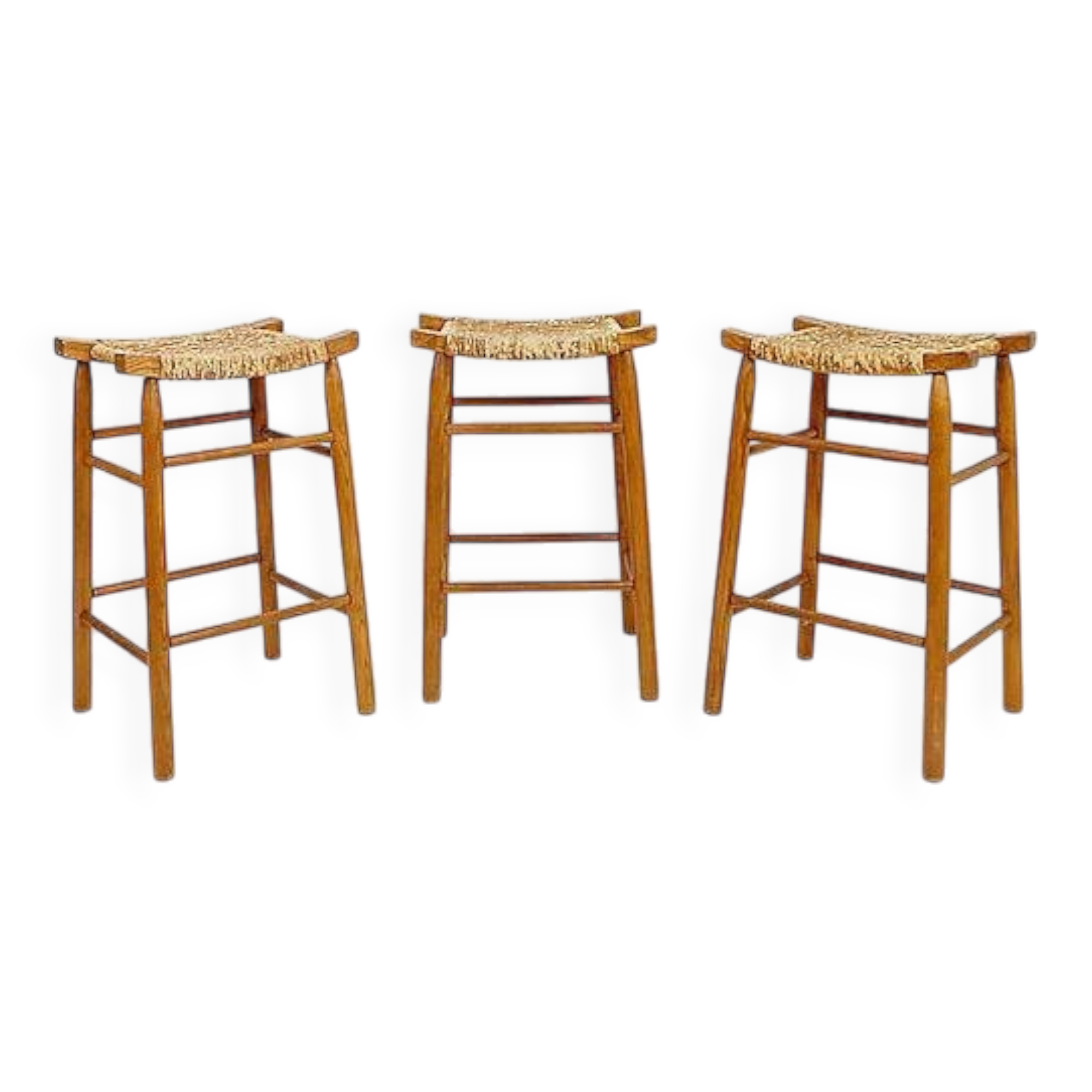 Set of 3 bar stools in Oak and Rush woven seat