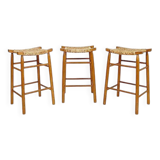 Set of 3 bar stools in Oak and Rush woven seat