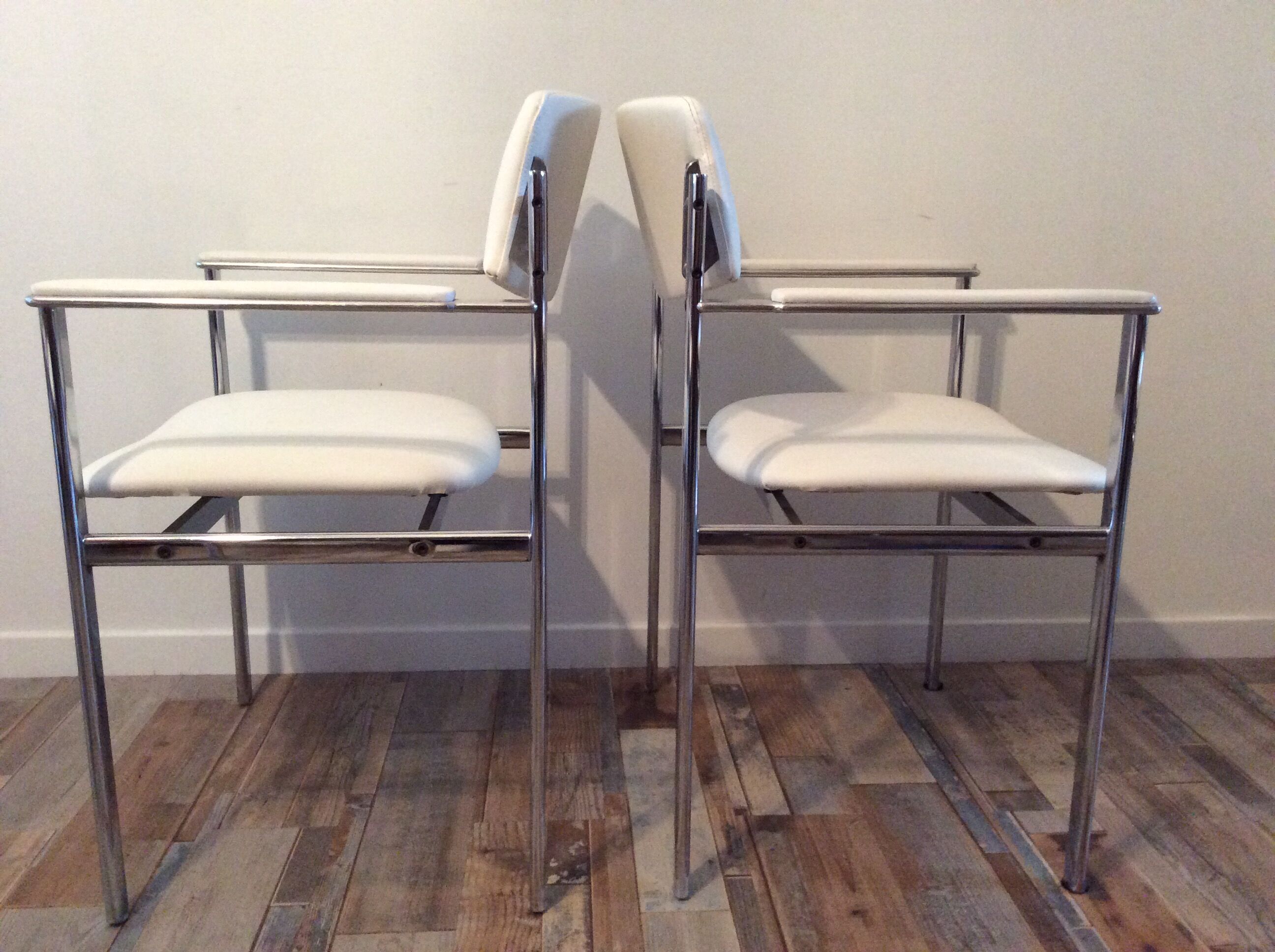 Set of 6 vintage chrome white leather chairs 70/80