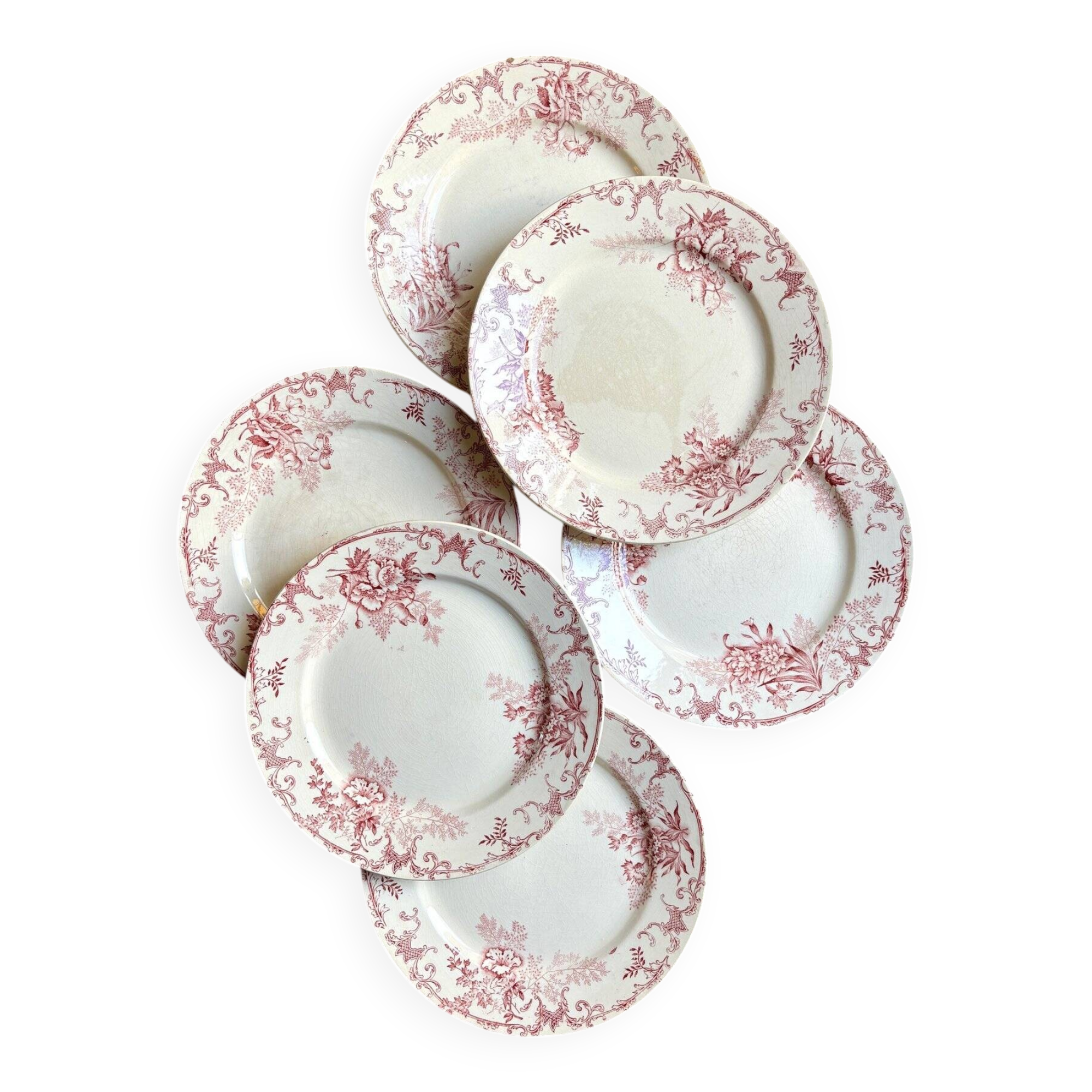 6 Boulenger & Cie flat plates in ecru and pink enamelled ironstone,