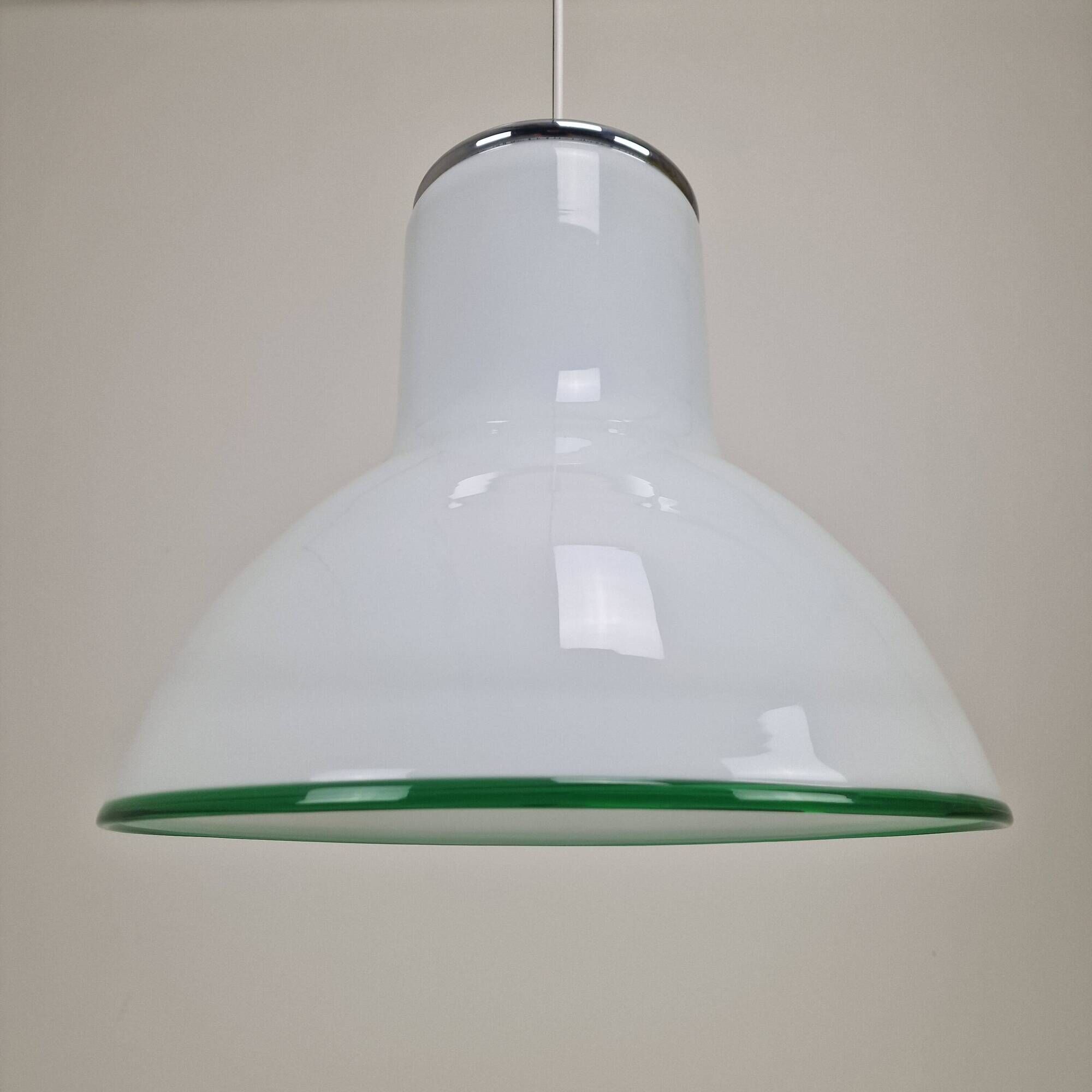 Large Italian Murano Cased Glass Pendant Light with Green Trim, 1970's