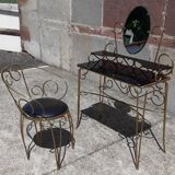 Dressing table and chair in gilded metal and opaline glass.
