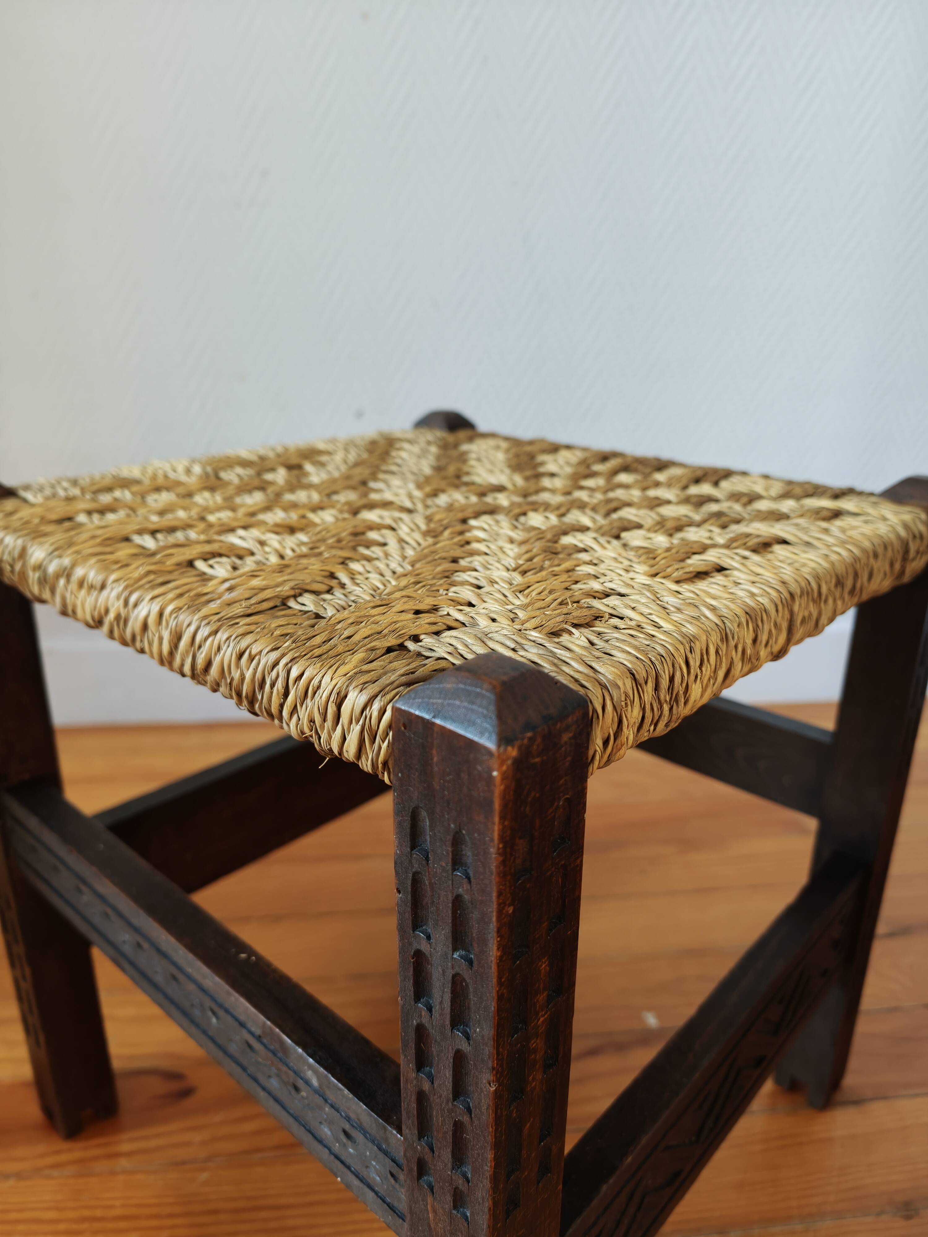 Pair of handcrafted stools from Friuli in carved wood, Italy, circa 1960.