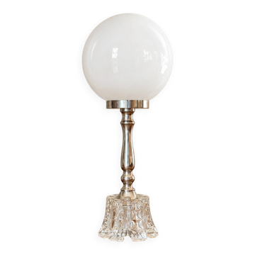 Moon — Table lamp in white opaline, sculpted glass and silvered metal.