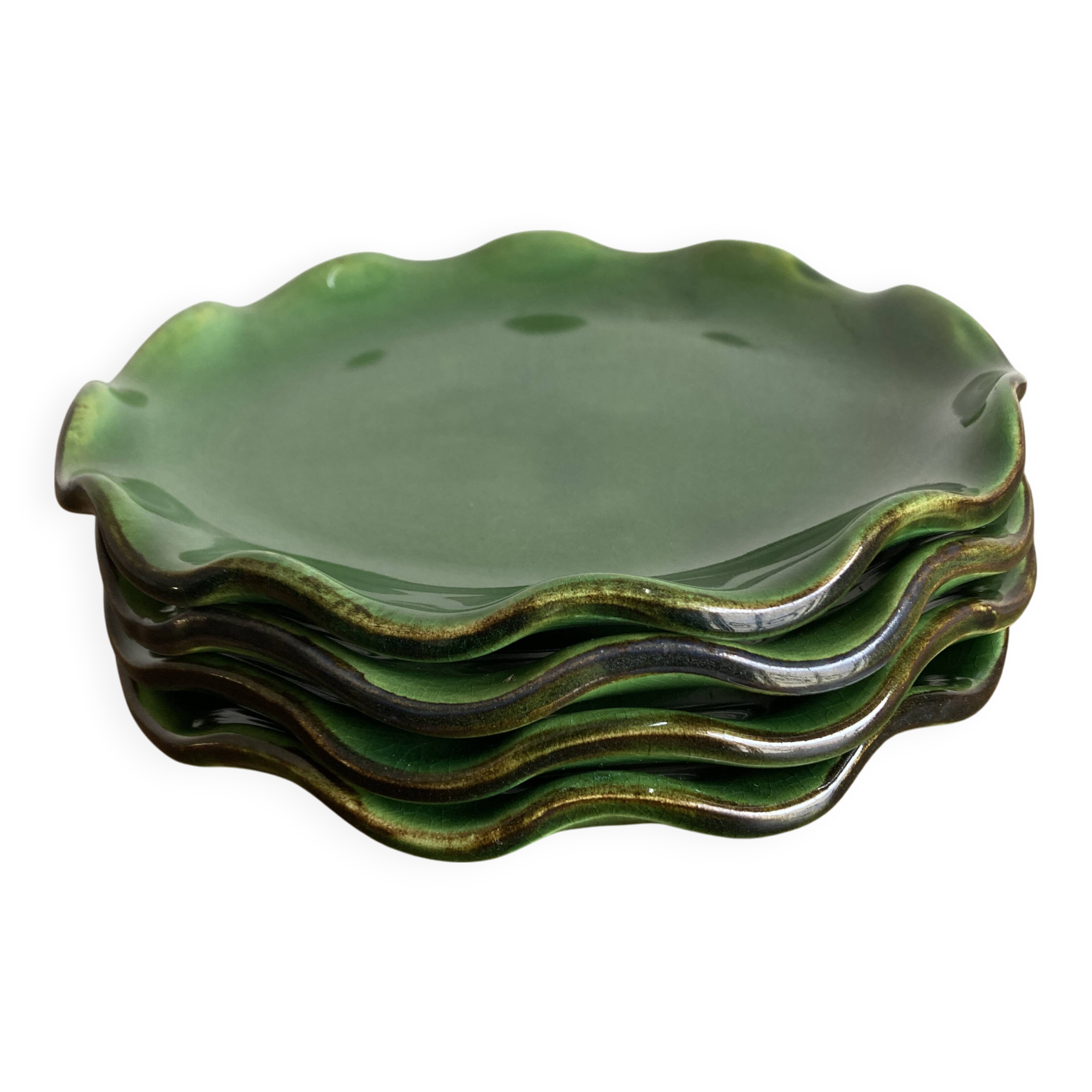 Set of 4 wavy glazed earthenware plates by Milon from Dieulefit, 1970.