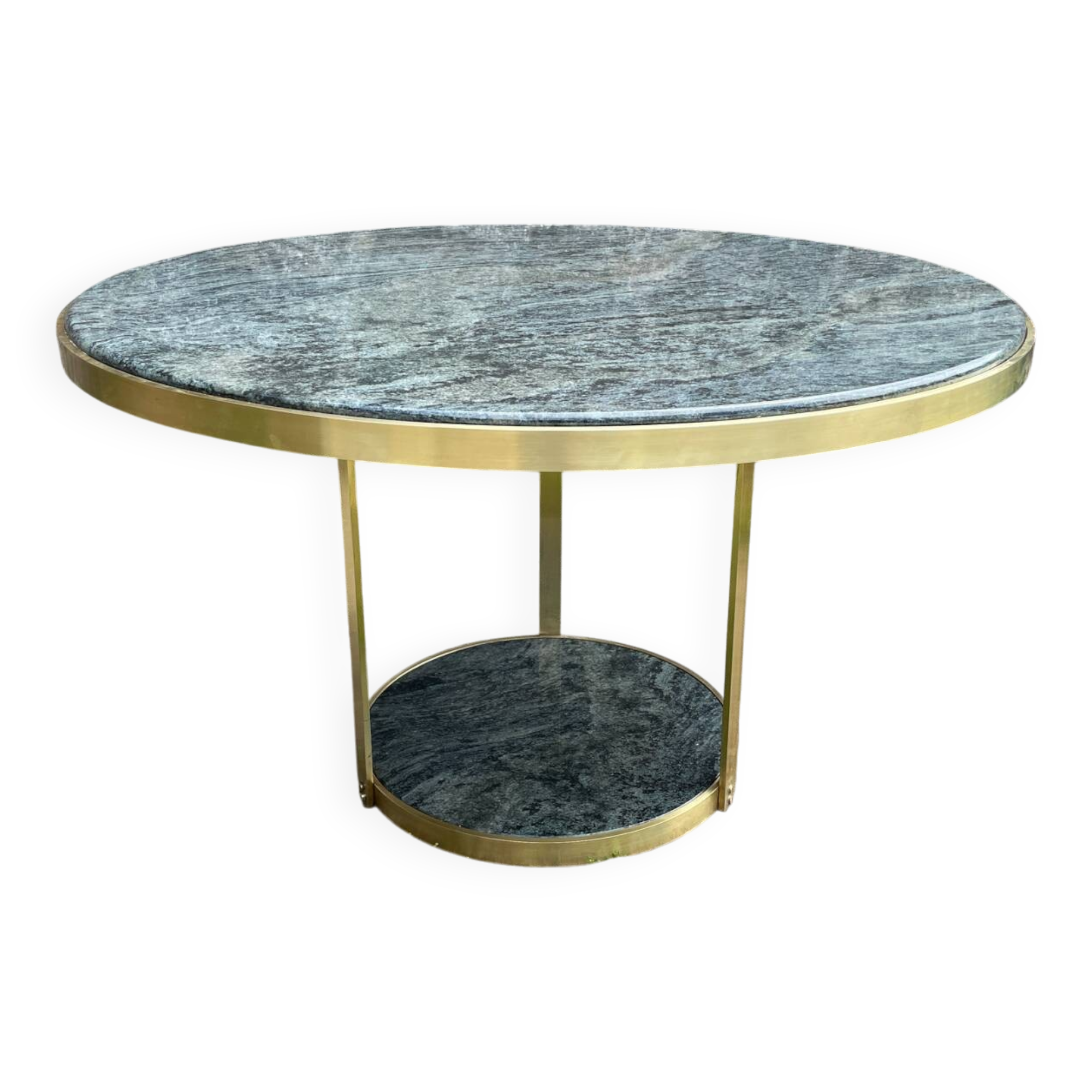 Round dining table with green marble and solid brass.
