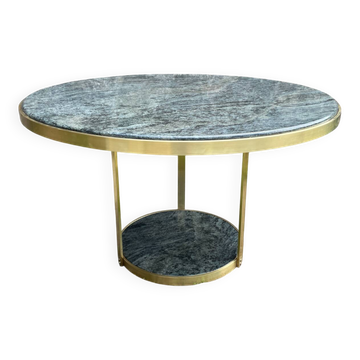 Round dining table with green marble and solid brass.