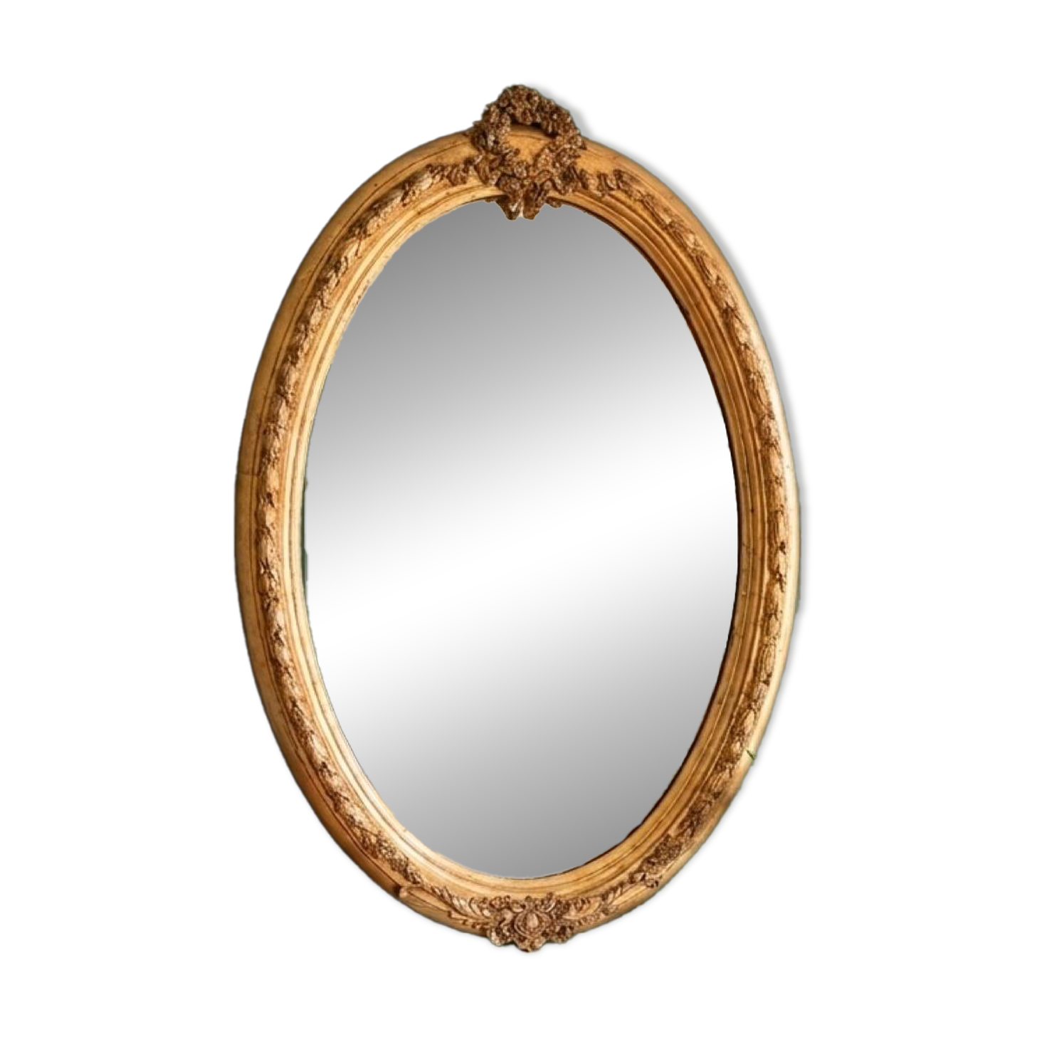 Gold oval mirror refurbished with a pediment — Louis XVI / Napoléon III style
