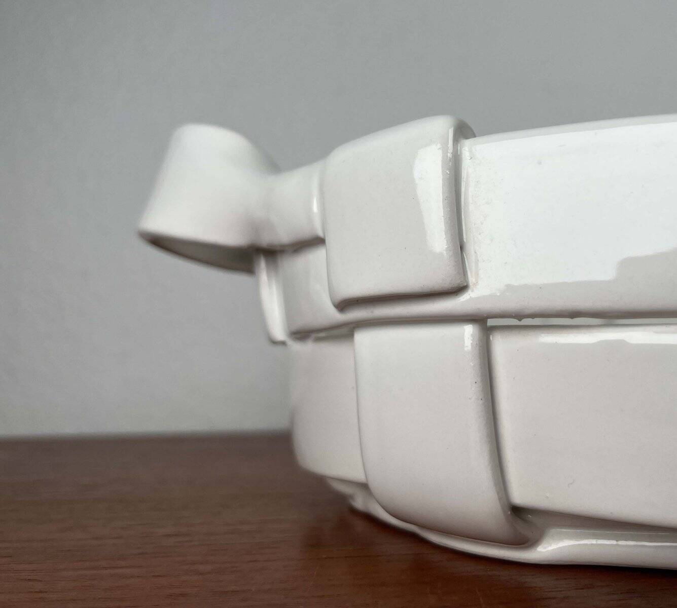 Vintage Italian woven basket in white ceramic