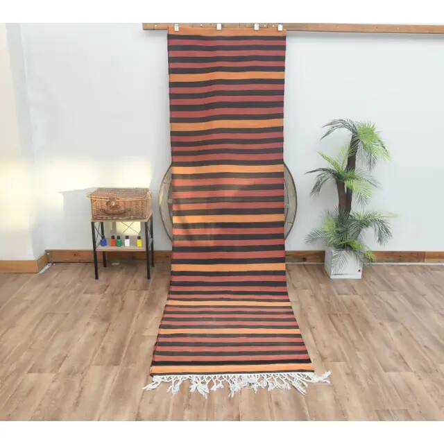 1970s Vintage Turkish Handmade Wool Cotton Red Orange Kilim Rug 93x323