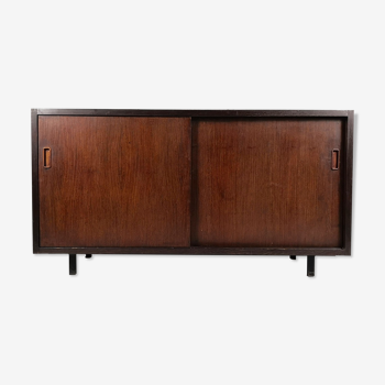 Two sliding doors sideboard in wengé and carrara marble, 60s