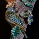 Vase cornet bouquetière barbotine rose oiseau et fleurs