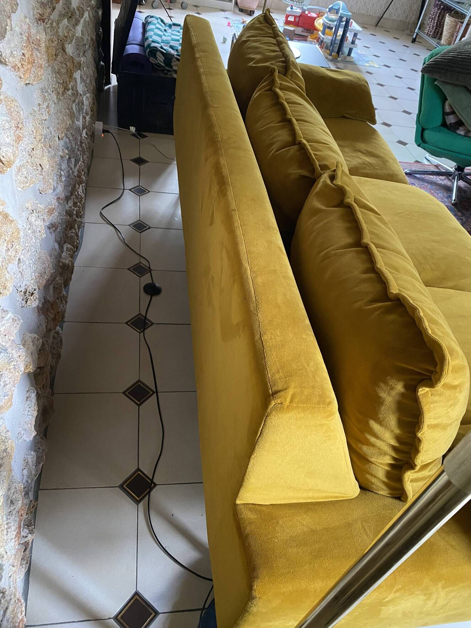 Mustard yellow retro three-seater sofa