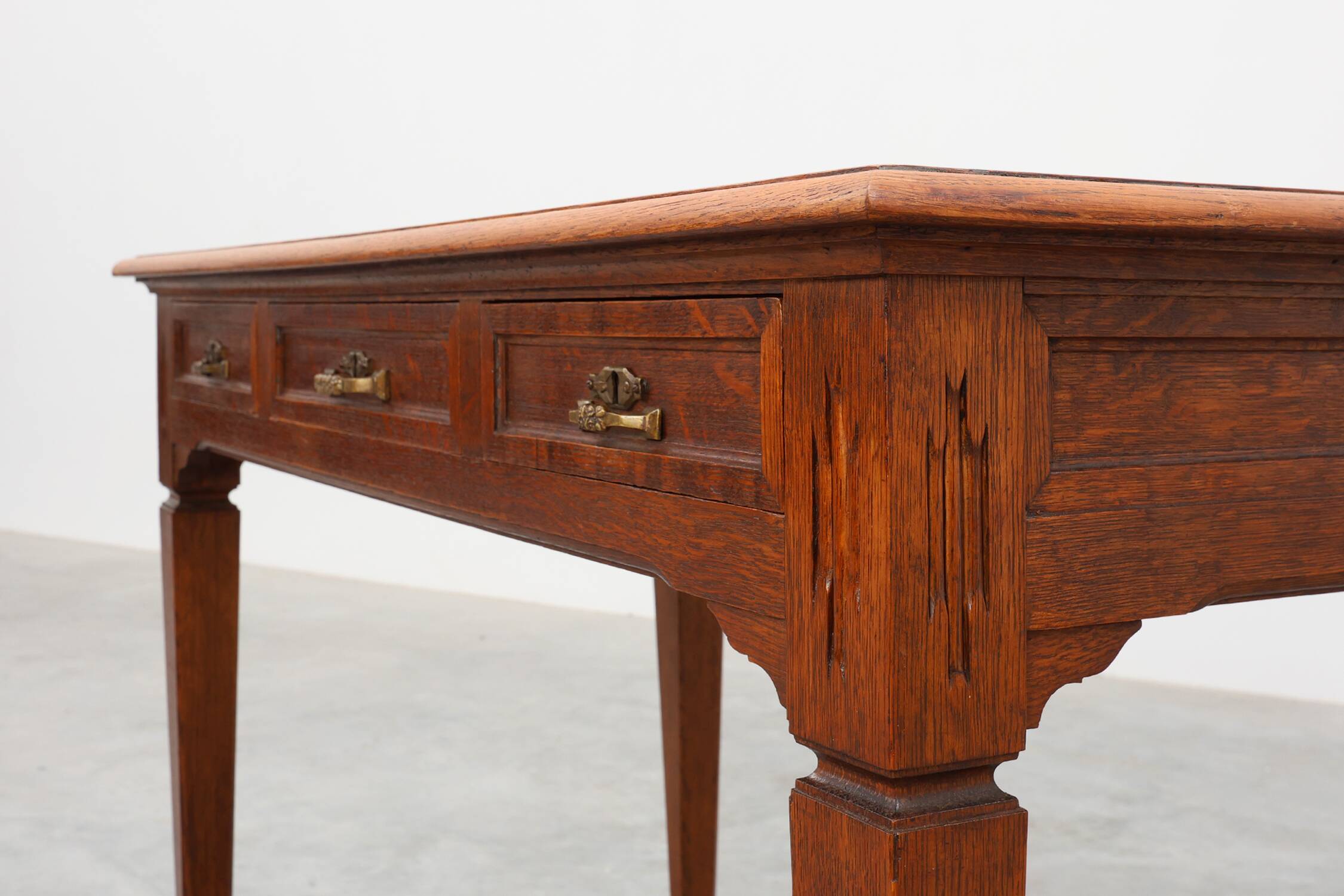 Art Deco carved oak Desk or Table with copper details, Belgium 1920s