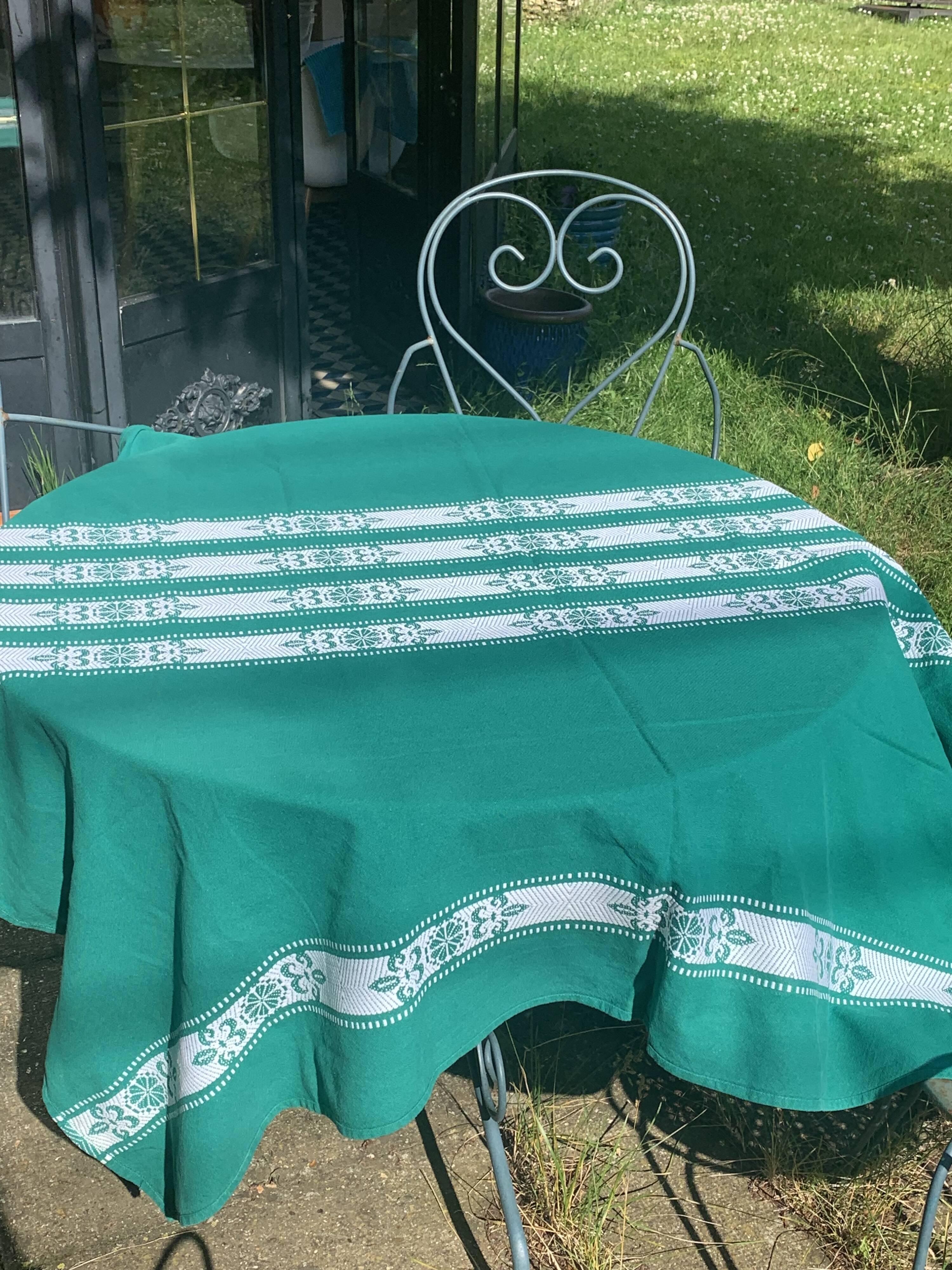 Helena Biarritz tablecloth, made in France, Basque linen, green with white embroidery, Vintage