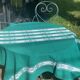 Nappe Helena Biarritz, made in france, linge basque, verte avec des broderies blanche, Vintage