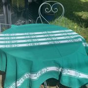 Helena Biarritz tablecloth, made in France, Basque linen, green with white embroidery, Vintage