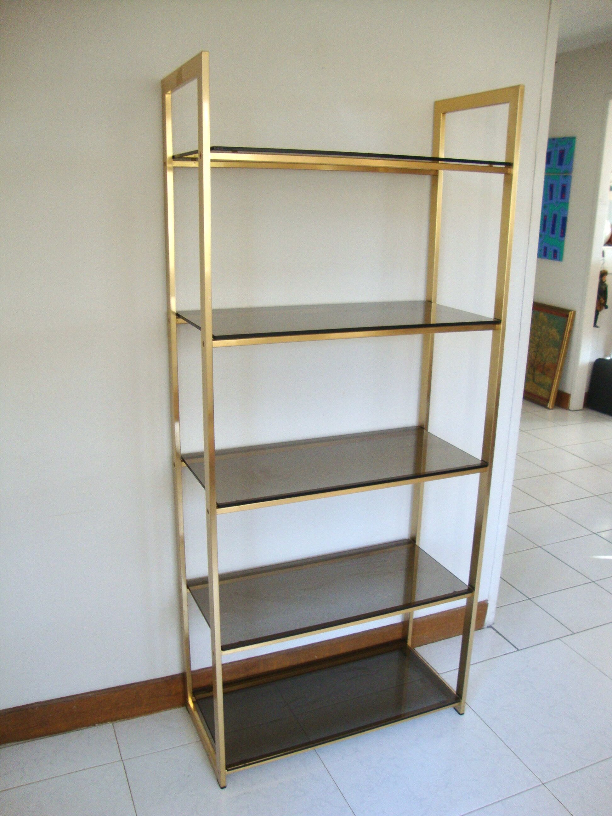 1970 library and gold metal and smoked glass