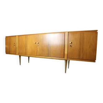 Buffet exclusif vintage en laiton/bois clair avec tiroirs et étagères, 1960