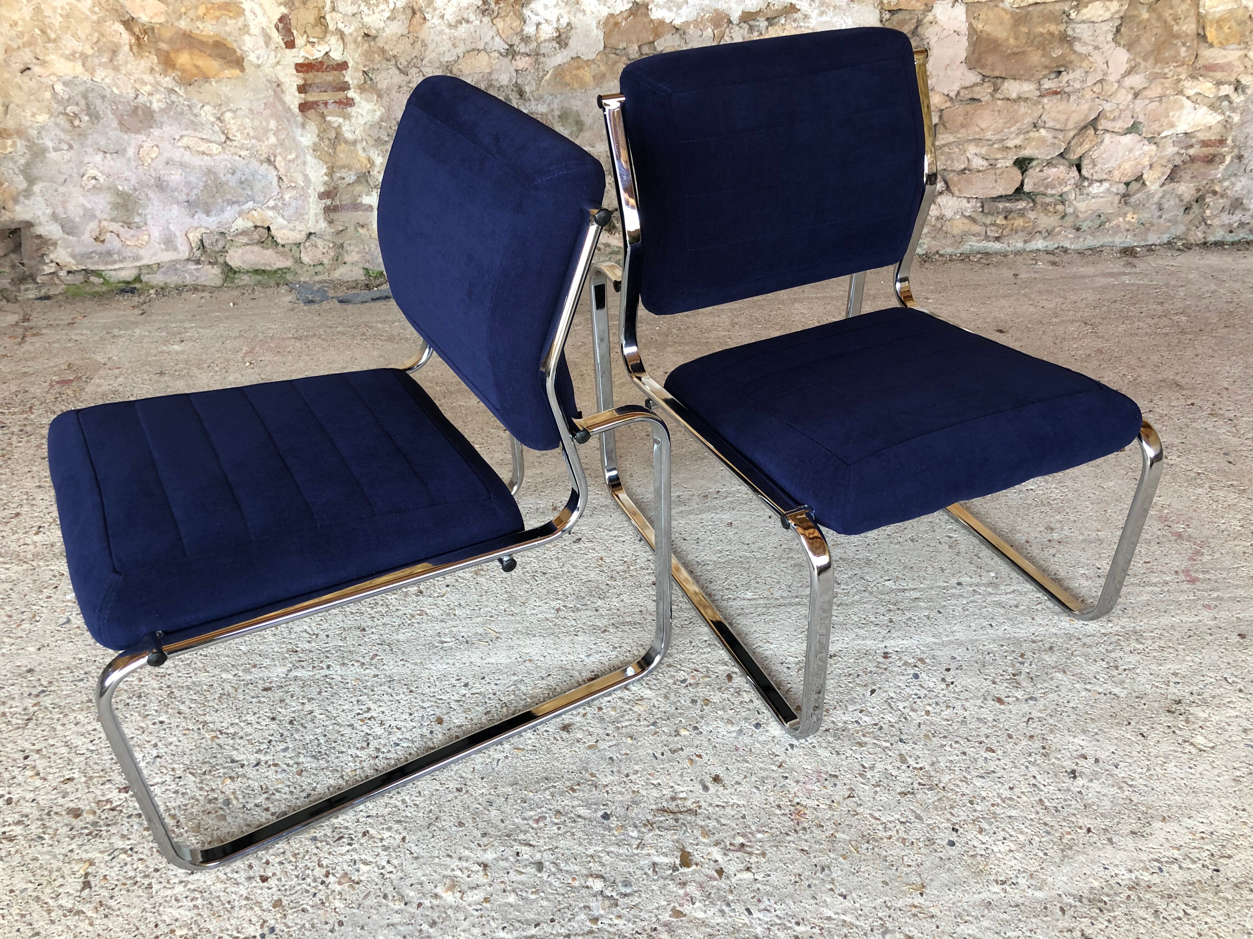 Pair of vintage chrome and blue microfibre armchairs circa 70