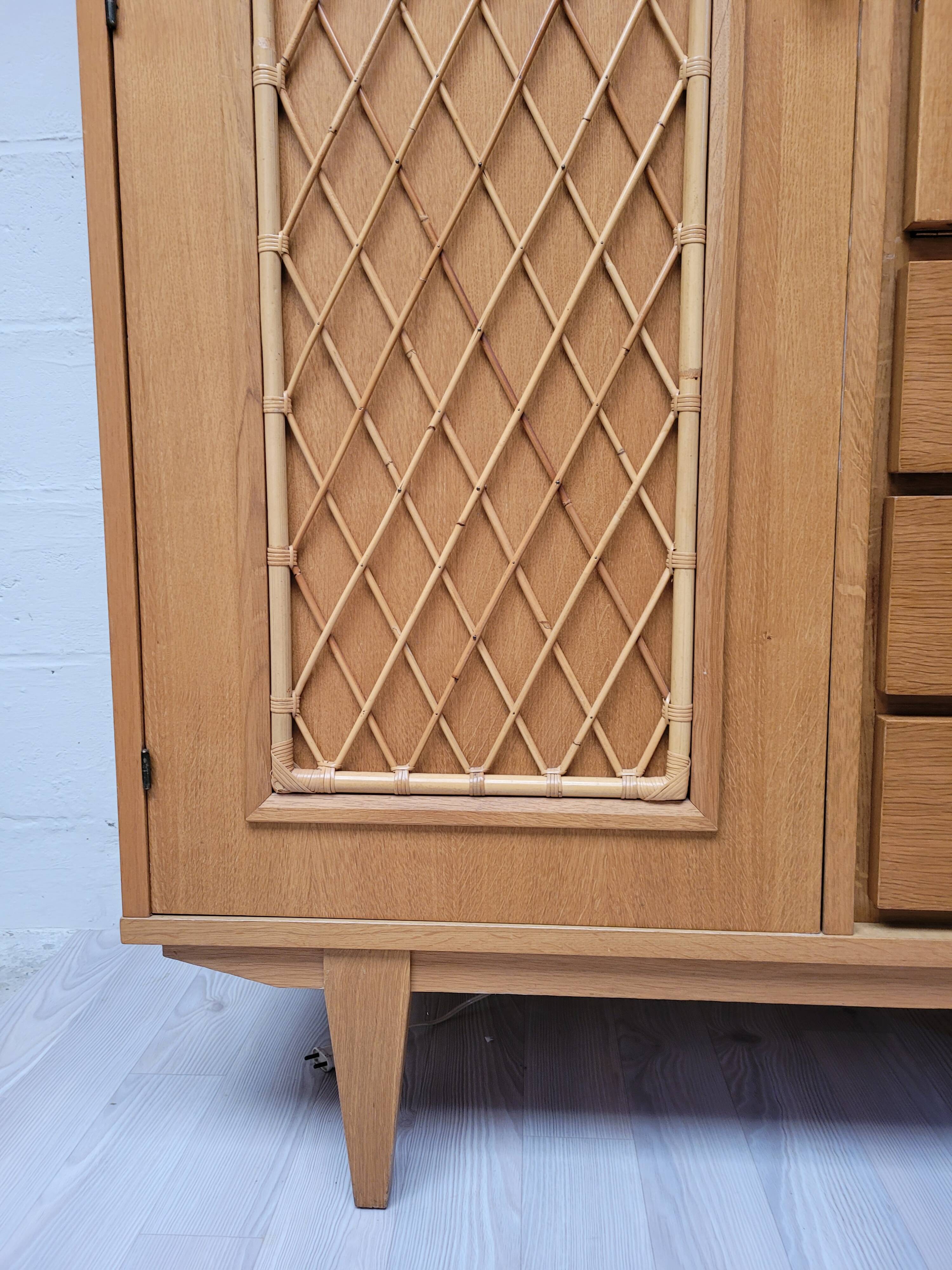 Wooden and rattan chest of drawers, 1960s