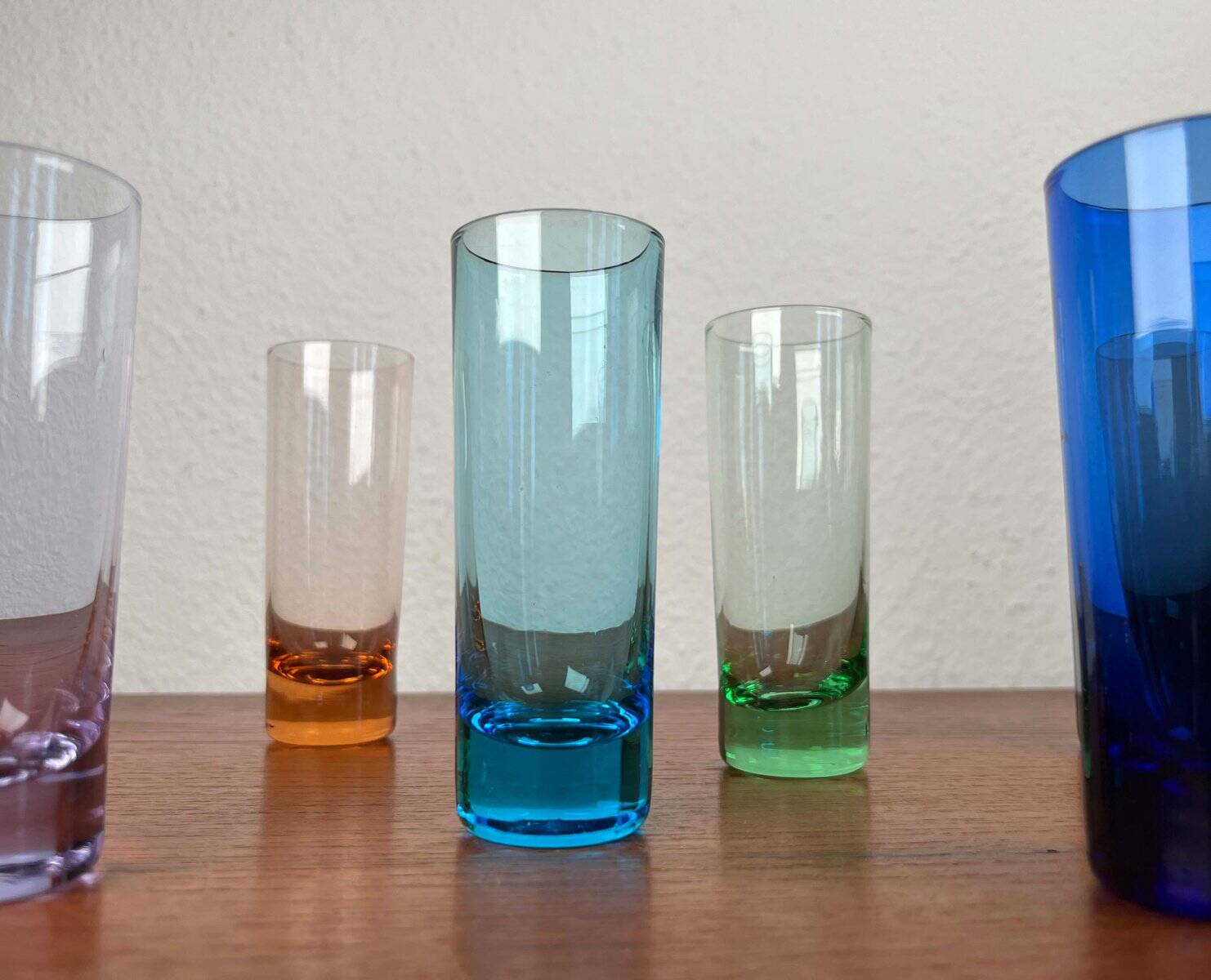 Coloured German shot glasses from the mid-century, 1960s, set of 6.