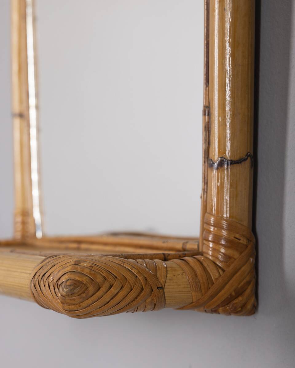 Vintage 1960s Wall Mirror with Bamboo Shelf, Italian Design